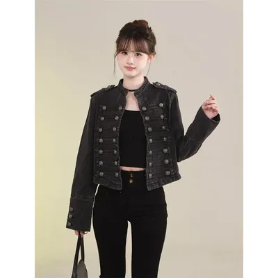 여성 의류 숏 코트 뉴진스 재킷 레트로 버튼 디자인 슬림 스탠드 칼라 긴팔 데님 탑 재킷 숏 코트