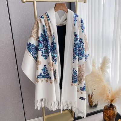 여성 패션 겨울 따뜻한 캐시미어 스카프 자수 파시미나 담요 두꺼운 목도리 랩 Neckerchief Bufanda Echarpe 판초 스카프