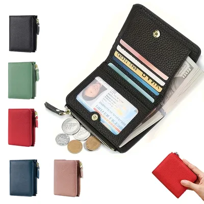 남녀 귀여운 짧은 지갑 고급 단색 지퍼 동전 지갑 RFID 빌 보안 카드 홀더 슬림 소형 머니 백 작은 검정색 지갑