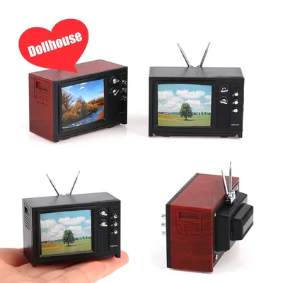 1Pc 1:12 인형 집 미니어처 텔레비전 빈티지 TV 그림이 있는 집 거실 침실 가구 모델 장식 장난감