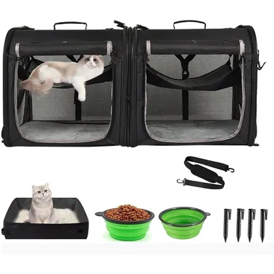 와키투 투인원 접이식 고양이 센터 이동장. 고양이 차량 운송. 고양이와 개를 위한 이중 애완동물 운반 가방 두 개