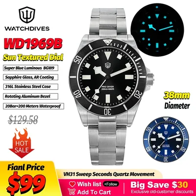 Watchdives WD1969 태양 질감 패션 쿼츠 손목시계 VH31 사파이어 200M 방수 럭셔리 시계 스테인레스 스틸 브레이슬