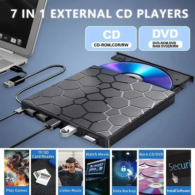 7-in-1 USB 3.0 Type-C 외장 DVD RW CD 플레이어 광학 드라이브 DVD 버너 레코더 리더 디스크 드라이브 (노트북, 데스크탑, 노트북용)