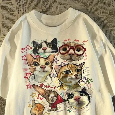 아메리칸 레트로 재미 있은 만화 고양이 인쇄 반팔 티셔츠 여성 여름 루즈 탑 티셔츠 그래픽 T 셔츠 여성 의류 Y2K