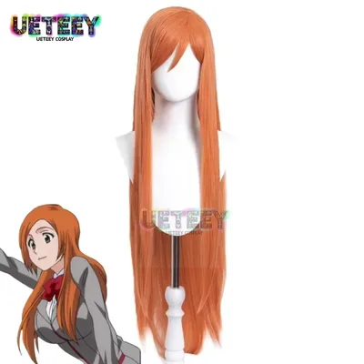 UETEEY COS 애니메이션 블리치 이노우에 오리히메 코스프레 의상 헤어 헤드웨어 슈퍼 롱 오렌지 만화 가발