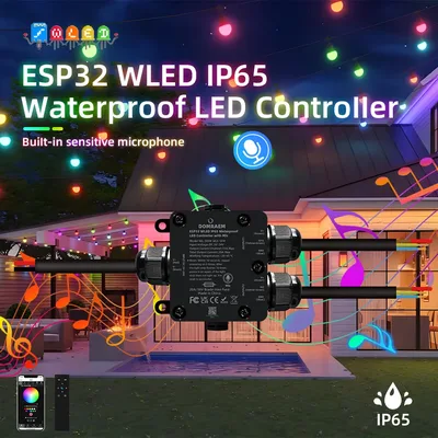 IP65 방수 DOMRAEM ESP32 WLED 2채널 LED 컨트롤러 |   야외용, 20A 퓨즈 및 음악 동기화 |   WS281X SK6812 APA102 IC 지원