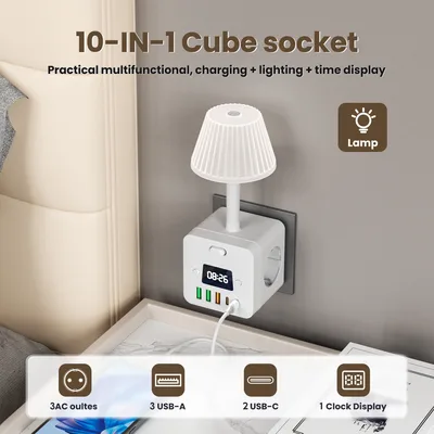 조정 가능한 야간 조명 소켓, 서지 보호, 스위치, 가정용 USB-A 포트 3개 및 USB-C 포트 2개가 포함된 3구 콘센트 시계 전원 스트립