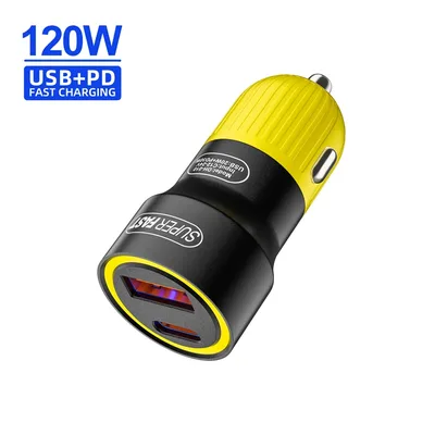 120W USB 타입 C 듀얼 포트 차량용 충전기 라이터 퀵 차지 4.0 3.0 아이폰 샤오미 삼성용 고속 충전기