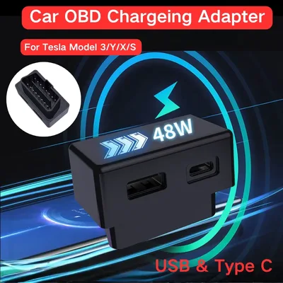 프리미엄 자동차 OBD 충전 허브 테슬라 모델 3/Y/X/S용 USB&타입-C 듀얼 OBD2 스플리터 충전기 듀얼 어댑터 자동차 및 휴대폰 액세서리