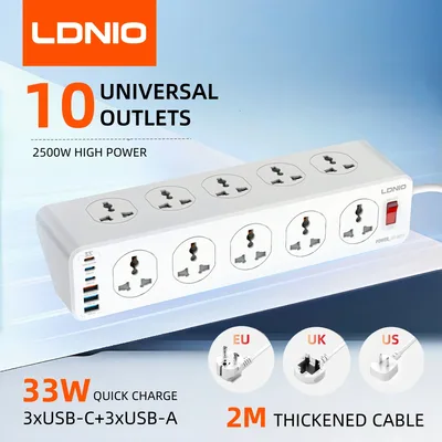 LDNIO 전기 멀티탭 고용량 멀티 스트립 UK/US/EU/KR 다중 플러그 2M 코드 10구 타입 C USB 소켓 서지 프로텍터