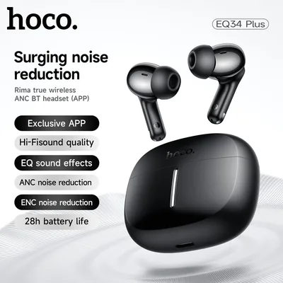HOCO ANC 능동 소음 감소 무선 블루투스 5.4 이어버드 앱 제어 EQ 사운드 하이파이 스포츠 음악 이어버드 28시간 대기