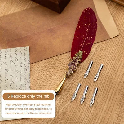 레트로 깃털 딥펜 세트 빈티지 깃펜 우아한 스타일 캘리그래피 서명용 교체용 펜촉 포함 손글씨에 이상적