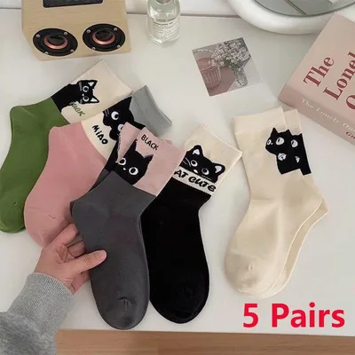 5쌍 귀여운 만화 고양이 테마 양말 고양이 컬러 블록 중간 종아리 양말 봄과 여름 통기성 중간 종아리 양말 여성용