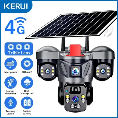 KERUI 야외 PTZ 6MP 4G SIM WIFI 태양광 패널 트리플 렌즈 카메라 홈 보안 CCTV 비디오 감시 내장 배터리 V380pro