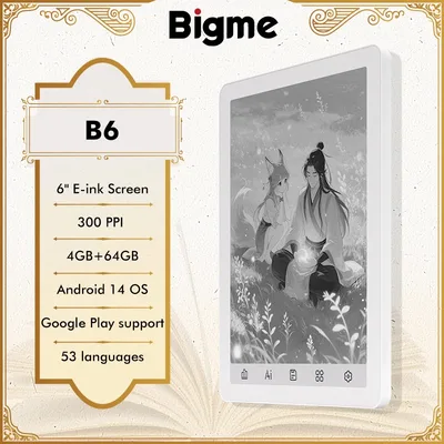 빅미 B6 전자책 리더, 6인치 흑백 e-잉크 스크린 전자책, 300PPI HD 디스플레이, 안드로이드 14 OS, 4+64GB 종이같은 전자책