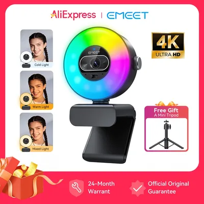 웹캠 4K 조명 포함 1080P60fps 자동 초점 비디오 카메라 EMEET S600 Light USB 카메라 8MP 73 ° PC/컴퓨터용 FOV 스트리밍 웹 카메라
