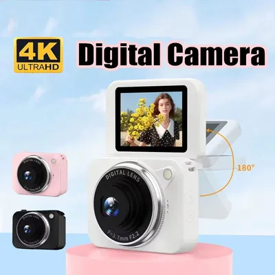 4K HD 픽셀 카메라 180 °   셀카용 플립업 CCD 브이로그 비디오 레코더, 학생용 휴대용 컴팩트 카메라 선물
