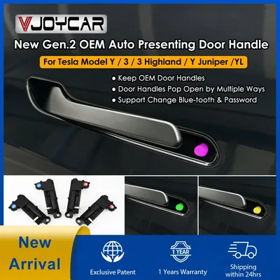 VJOYCAR 2026 신형 2세대 OEM 크롬 자동 도어 핸들, for Model Y Juniper YL Model 3Y 컬러풀 LED 램프, 웰컴 모드, 멀티 접점 팝업 기능, 블루투스 이름 변경 및 비밀번호 변경 지원, 모든 테슬라 모델 3 Y에 완벽하게 호환