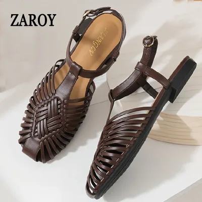 ZAROY 여름 여성 글래디에이터 샌들 플랫 앵클 스트랩 좁은 밴드 로마 신발 캐주얼 비치 휴가 속이 빈 빅 사이즈 샌들