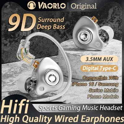 새로운 9D 슈퍼 베이스 인이어 헤드폰, 마이크 내장, 3.5MM AUX/Type-C 디지털 칩 탑재, 아이폰 16, 삼성 안드로이드 호환