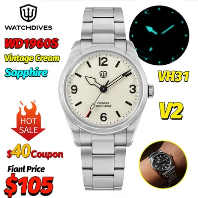 Watchdives WD1960S V2 빈티지 크림 36Mm 쿼츠 시계 남성용 VH31 스윕 버블 사파이어 10ATM 루미너스 스테인레스 스틸 손목시계