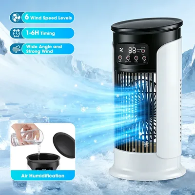 휴대용 USB 에어쿨러 팬 가습기 300ML 6단 속도 6시간 타이머 7색 조명 미스트 분사 저소음 냉풍기 책상용 에어컨