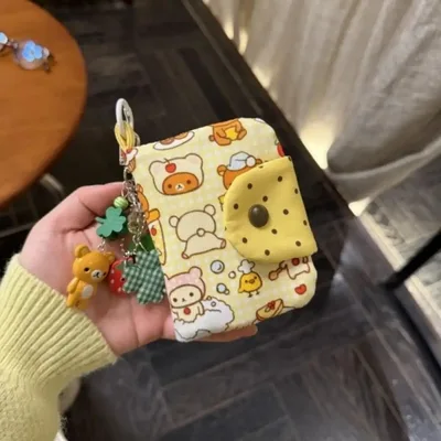 11Cm Rilakkuma Korilakkuma 접이식 스냅 버튼 카드 가방 동전 지갑 다층 지퍼 보관 휴대용 소녀 소년 축제 선물