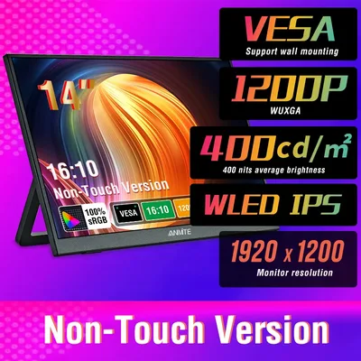 14인치 휴대용 터치 모니터(터치 없음 옵션) 16:10 400cd/m2 게임용 컴퓨터 XBox PS4/5 스위치 노트북용 디스플레이 확장