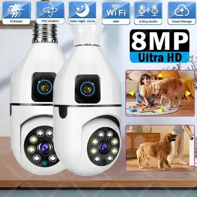 WiFi IP 카메라 E27 전구형 카메라 8MP 무선 베이비 모니터 AI 추적 보안 비디오 감시 애완동물 카메라 5MP SmartLife 실내용