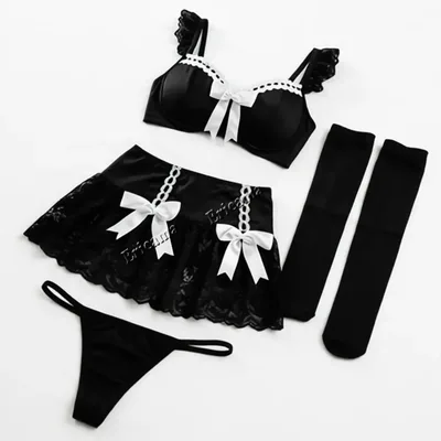 검은 색 매력있는한 이너웨어 여자 포르노 섹스 속옷 매력있는한 브래지어 세트와 미니 드레스 유니폼 이너웨어 아름다운 속옷 베이비돌 의상