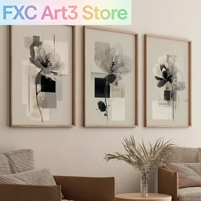 3개/세트 프레임리스, 추상적인 현대 꽃 예술 그림, 베이지와 블랙 색상의 미니멀리스트 식물 벽 장식, 중성 톤 갤러리