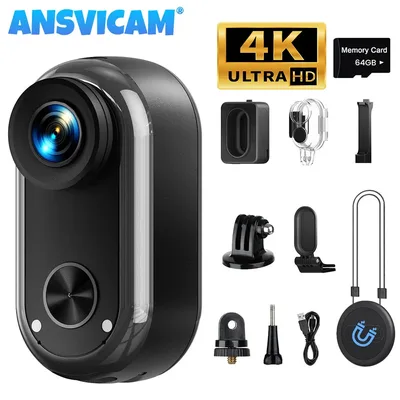 ANSVICAM 4K HD 미니 와이파이 액션 카메라 6축 안정화 기능이 있는 POV 브이로그 카메라(충전 케이스 포함) 자기 방수 엄지형 바디캠