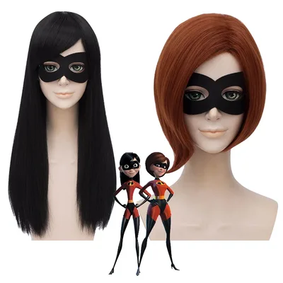The Incredibles Elastigirl 코스프레 소녀 헬렌 파 역할 놀이 머리 바이올렛 파 가발 (아이 마스크 제외) + 가발 모자