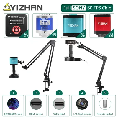 YIZHAN 60MP 48MP 4K 전자 디지털 현미경 납땜용 1080P HDMI VGA USB 산업용 카메라 150배 렌즈 폴드 브래킷 리모컨